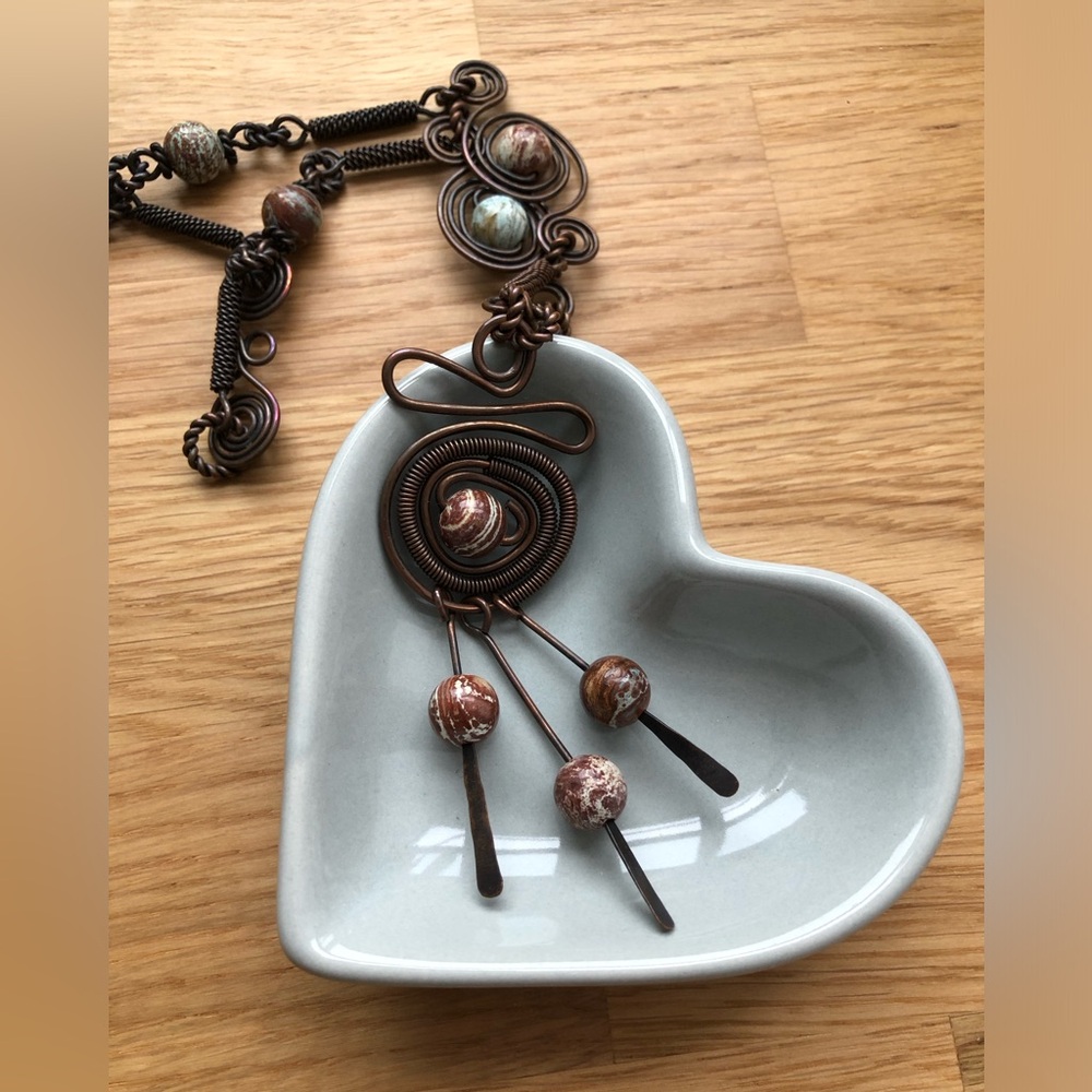 Hand crafted bronze wire statement necklace with natural stones boho bohemian
